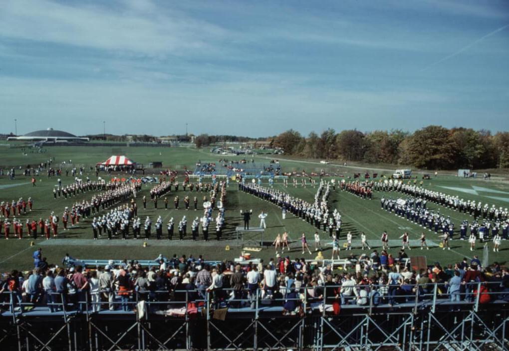 A 1978 photo of the football field, the band is forming the letters GVSC and the old Dome is in the background